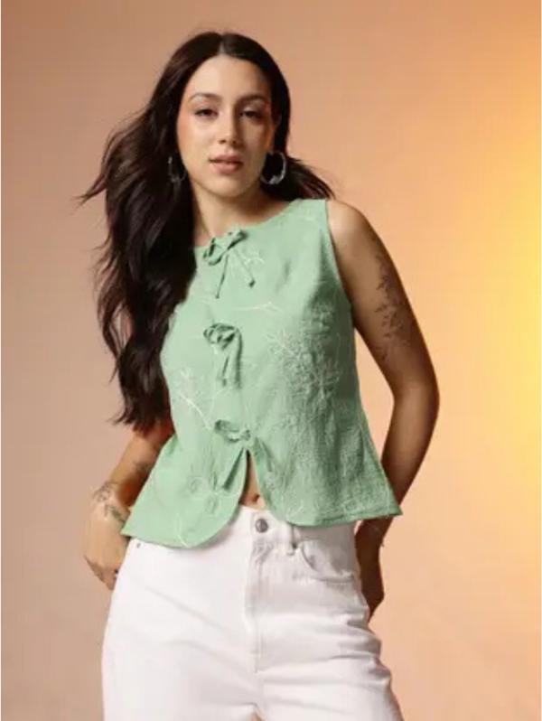 Casual Sleeveless Self Design Women Green Top
