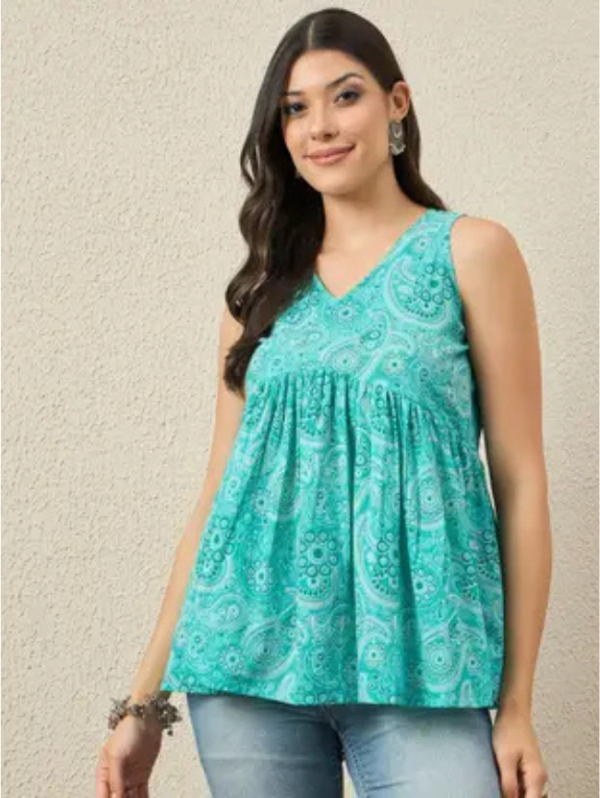 Casual Sleeveless Ethnic Motifs Women Light Green Top