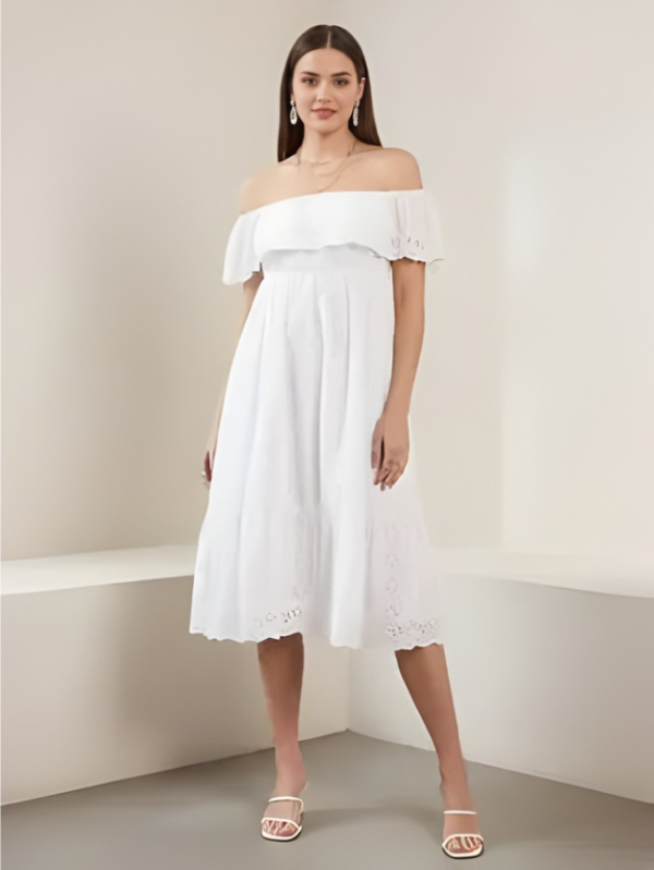 Women Fit and Flare White Midi/Calf Length Dress