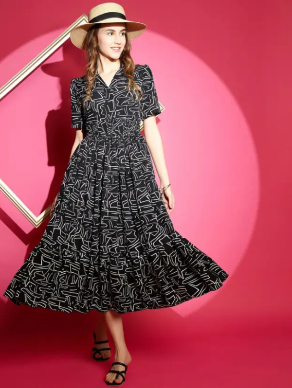 Women Fit and Flare Black, White Midi/Calf Length Dress