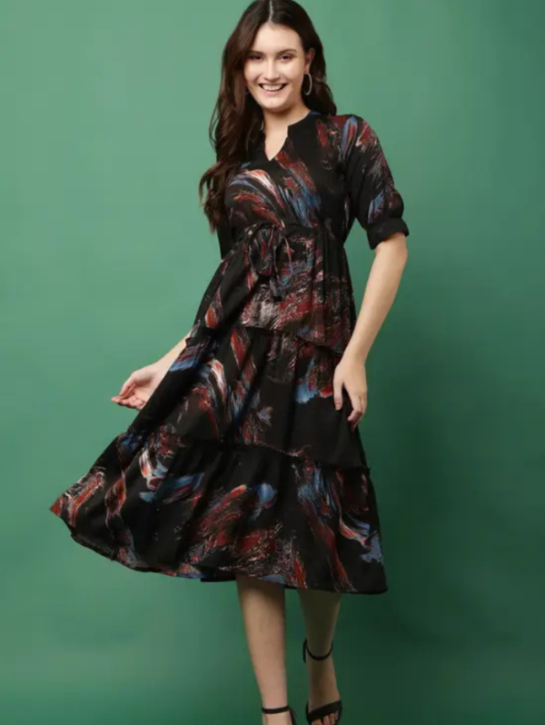 Women Fit and Flare Black, Blue Midi/Calf Length Dress