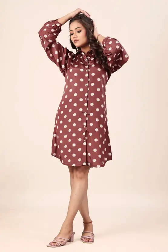 Women Shirt Brown Knee Length Dress