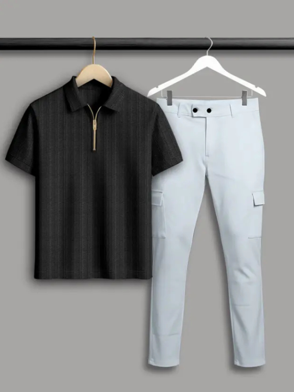 Pack of 2 Men Self Design Polo Neck Cotton Blend Black, Grey T-Shirt