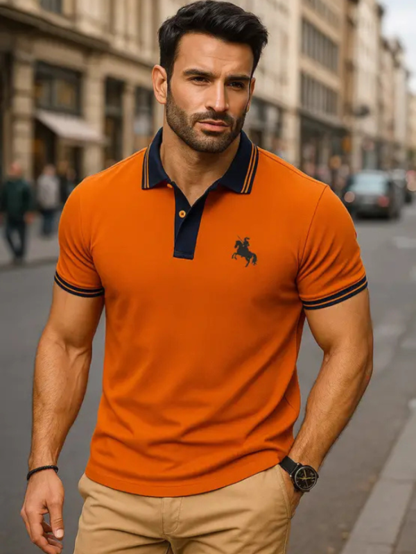 Men Solid Polo Neck Cotton Blend Orange T-Shirt