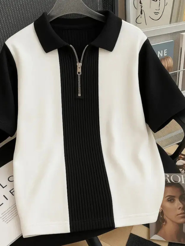 Men Striped Zip Neck Polyester Black, Beige T-Shirt