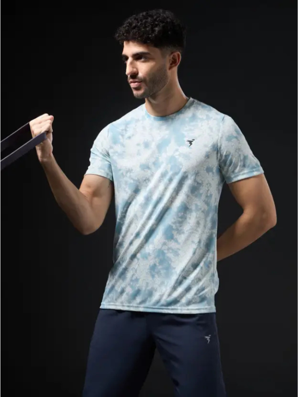 Men Printed Crew Neck Polyester Light Blue, White T-Shirt