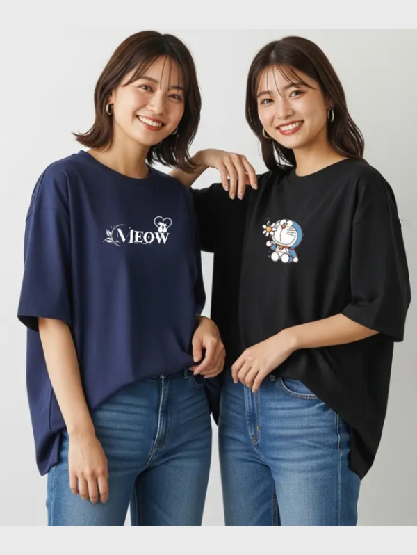 Pack of 2 Women Printed Round Neck Cotton Blend Black, Navy Blue T-Shirt