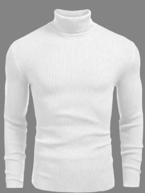 Men Striped High Neck Wool Blend White T-Shirt