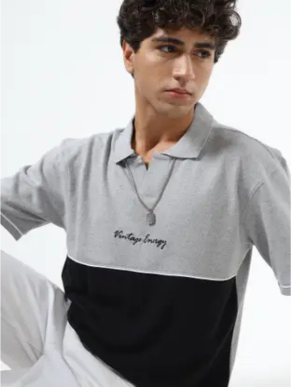 Men Self Design Polo Neck Cotton Blend Grey T-Shirt