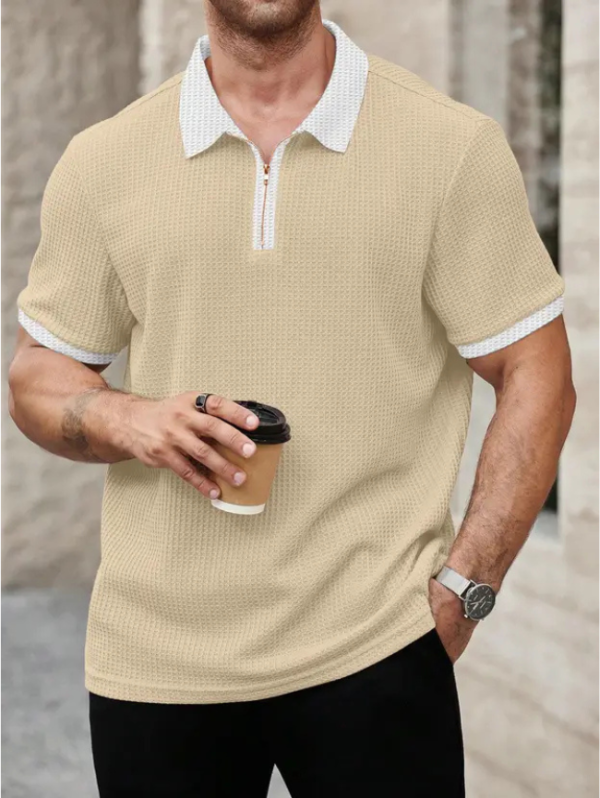Men Self Design Polo Neck Polyester Beige T-Shirt