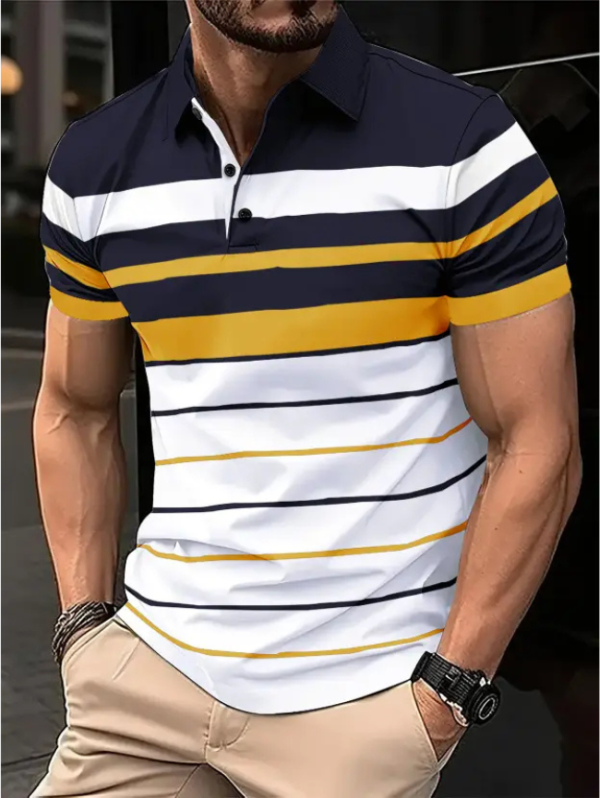 Men Self Design, Striped Polo Neck Cotton Blend White, Blue, Yellow T-Shirt