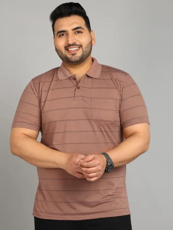 Plus Size Men Striped Polo Neck Cotton Blend Beige T-Shirt