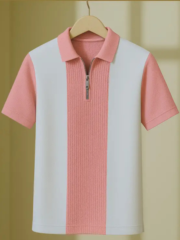 Men Checkered Zip Neck Cotton Blend White, Pink T-Shirt