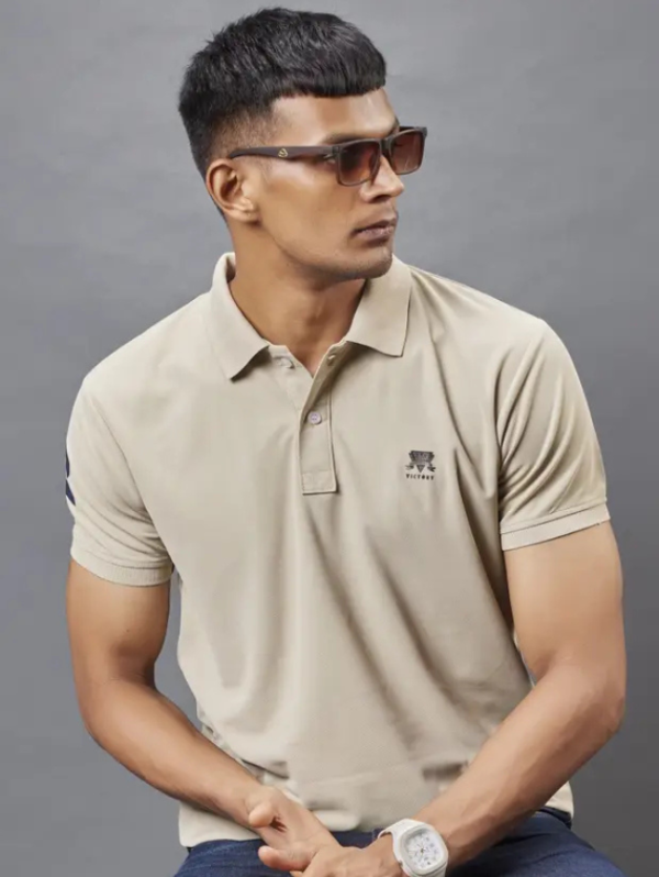Men Solid Polo Neck Polyester Beige T-Shirt