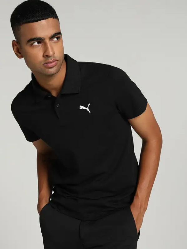 ESS Logo M Men Solid Polo Neck Pure Cotton Black T-Shirt