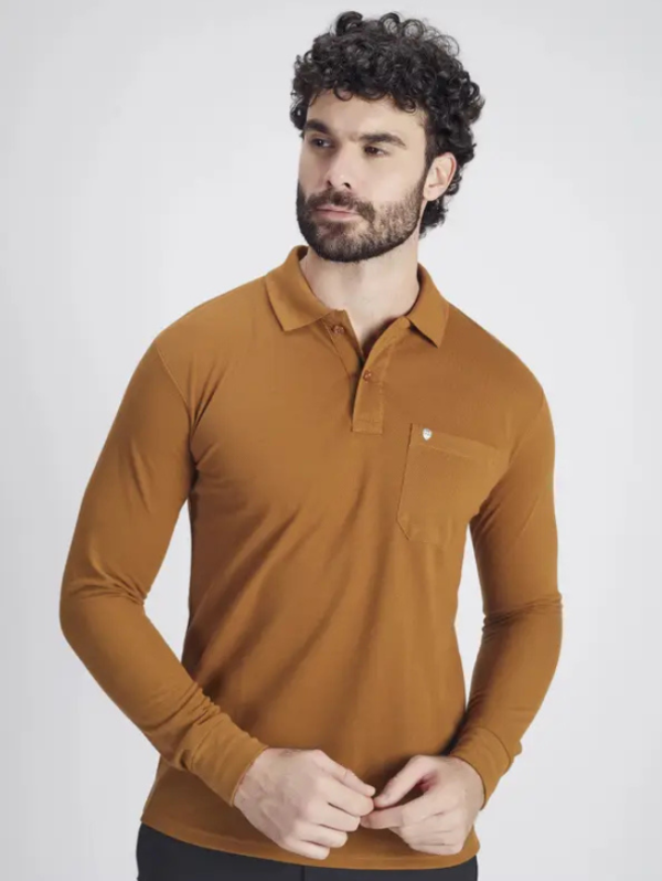 Men Solid Polo Neck Cotton Blend Brown T-Shirt