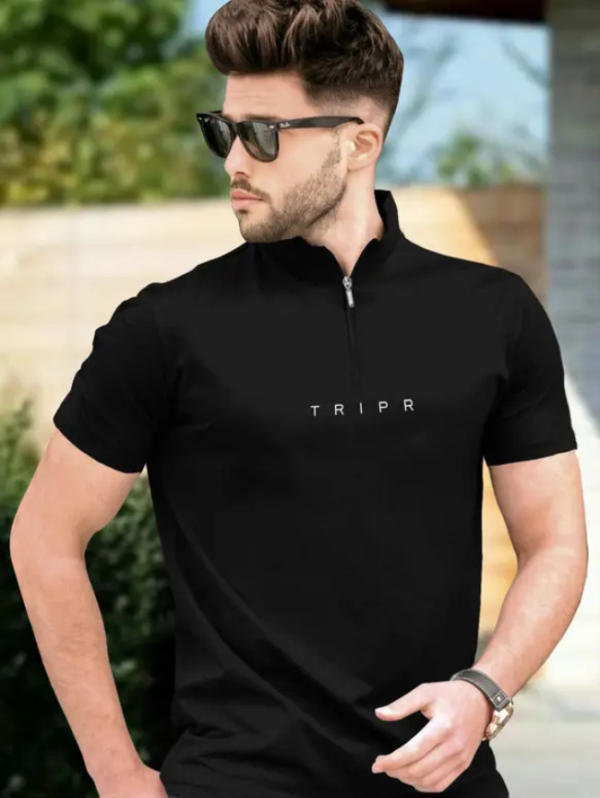 Men Solid Mandarin Collar Cotton Blend Black T-Shirt