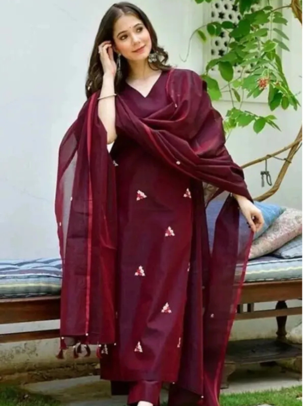 Women Cotton Blend Ethnic Top Pant Attached Dupatta Set