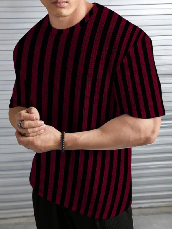 Men Striped Round Neck Polycotton Maroon T-Shirt