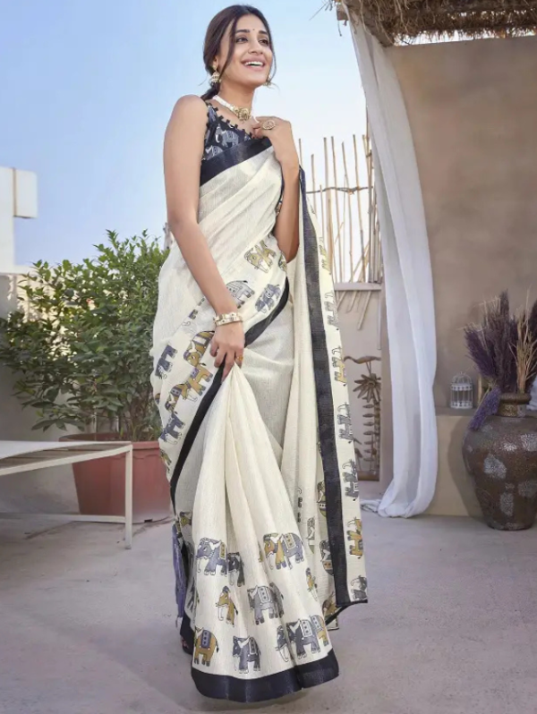 Printed Daily Wear Art Silk Saree (White, Black)