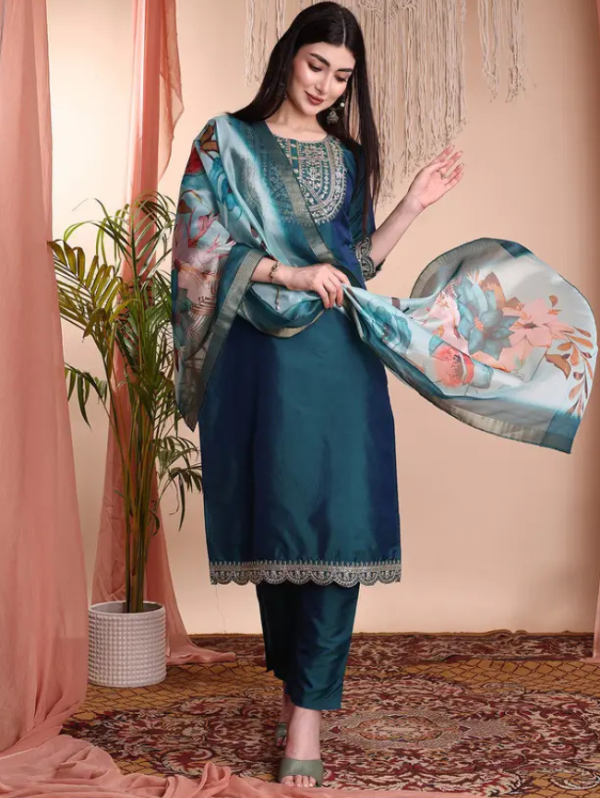 Women Art Silk Kurti Pant Dupatta Set