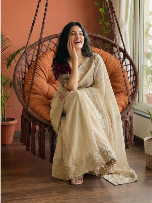 Embellished Bollywood Chiffon Saree (Beige)