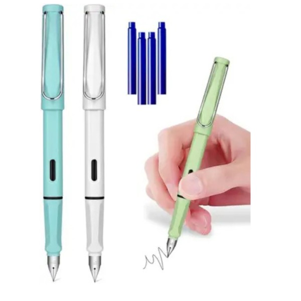 Harinder 2 Pc Fountain Pen Ink Pen with 4 Cartridge Refills - Gift Set for Kids & Adults Fountain Pen (Pack of 6, Ink Color - Blue)