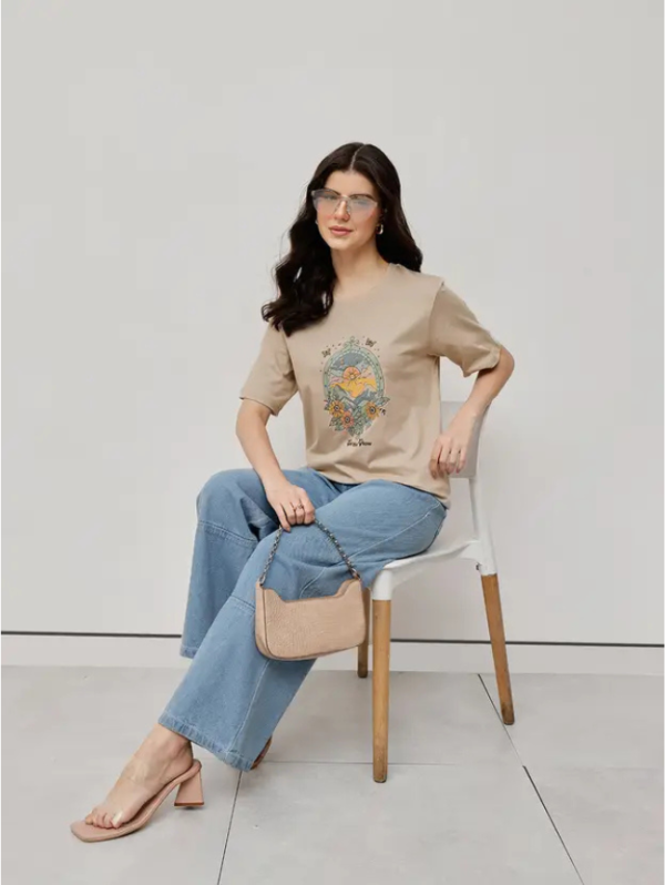 Women Printed Round Neck Pure Cotton Beige T-Shirt