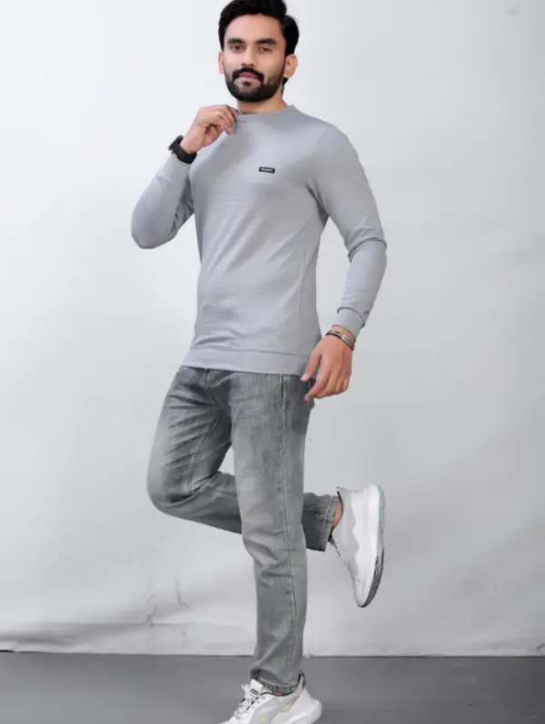 Men Self Design Round Neck Polyester Silver T-Shirt