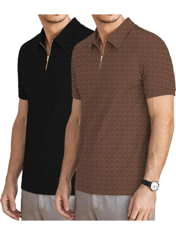 Pack of 2 Men Self Design Zip Neck Polyester Black, Brown T-Shirt
