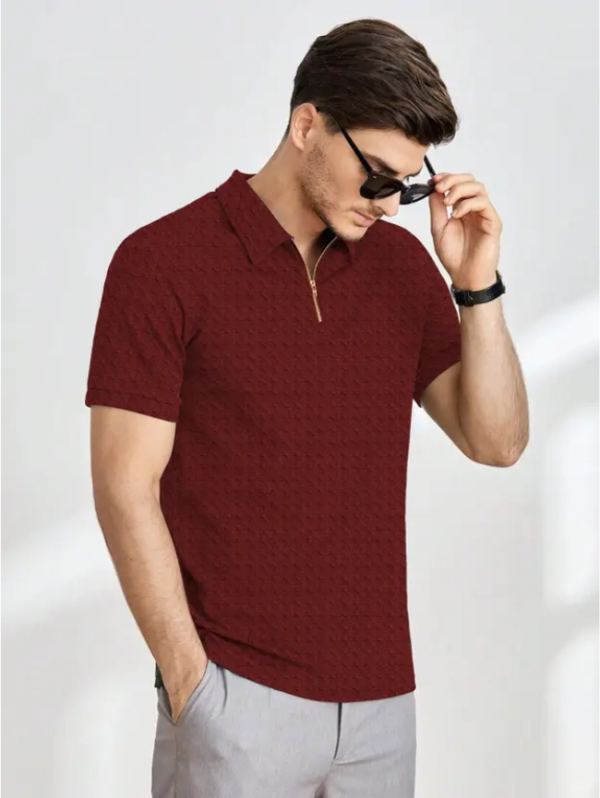 Men Self Design Zip Neck Polyester Maroon T-Shirt