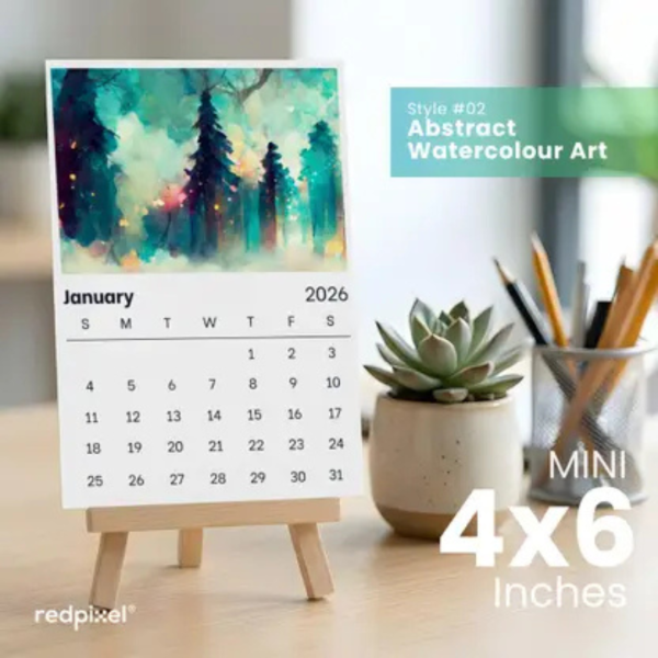 redpixel Abstract Watercolour Art Mini Desk Calendar with Wooden Easel Stands, Style02 2026 Table Calendar (Printed Sheets, Stand in Natural Wooden Shade, 4x6in | 6 Loose Sheets | 300gsm Paper | Home or Office Use)