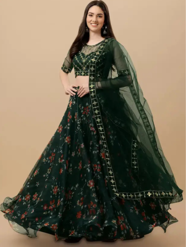 Embroidered Semi Stitched Lehenga Choli (Green)