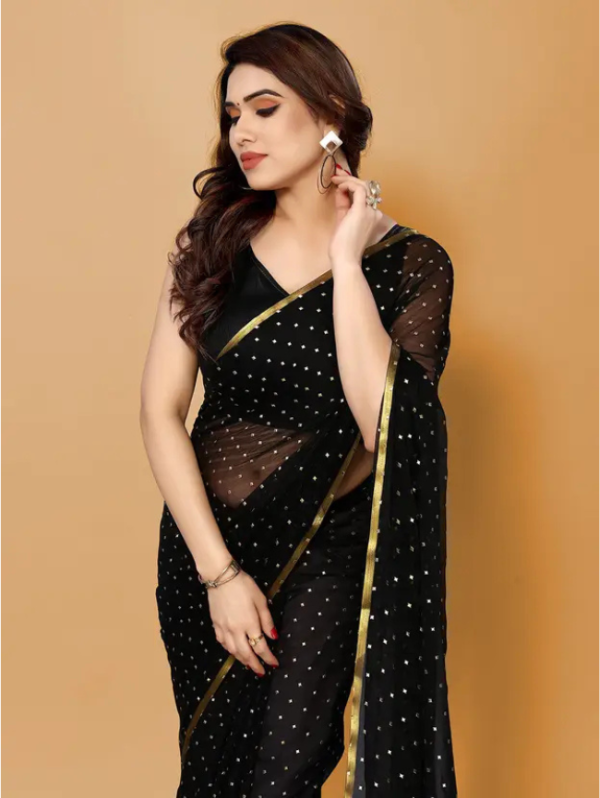 Embellished, Printed Bollywood Chiffon Saree (Black, Gold)