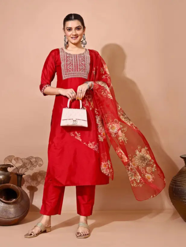 Women Art Silk Kurti Pant Dupatta Set