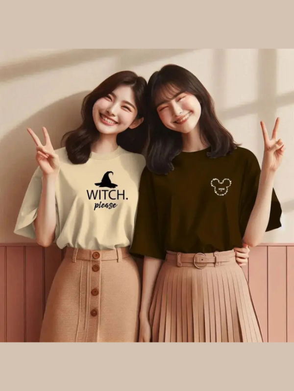 Pack of 2 Women Printed Round Neck Cotton Blend Beige, Brown T-Shirt