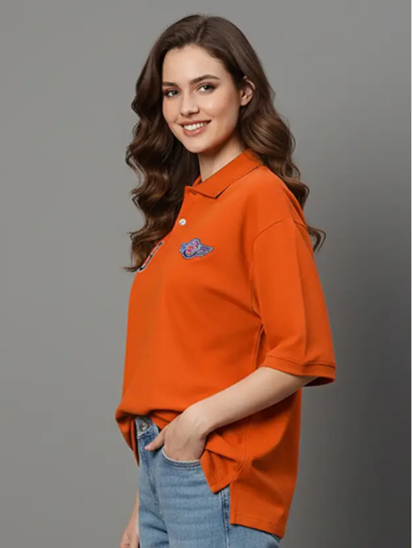 Women Solid Polo Neck Cotton Blend Orange T-Shirt