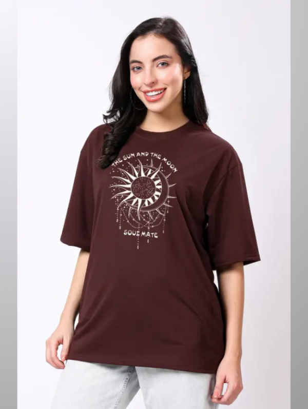 Women Printed Round Neck Cotton Blend Brown T-Shirt