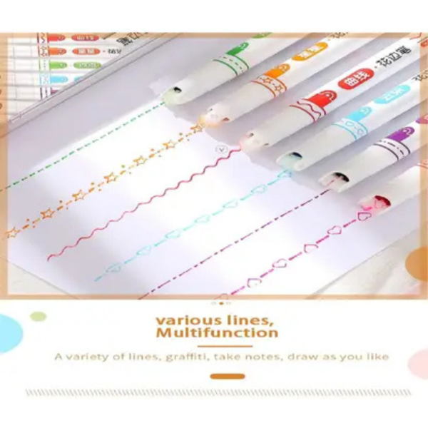 fixer Linear curve pen for kids for drawing, doodling and stamping Roller Ball Pen (Pack of 6, Ink Color - Multicolor)