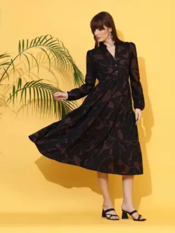 Women Fit and Flare Brown, Black Below Knee Dress