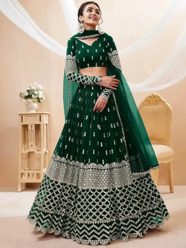 Embroidered Semi Stitched Lehenga Choli (Green)