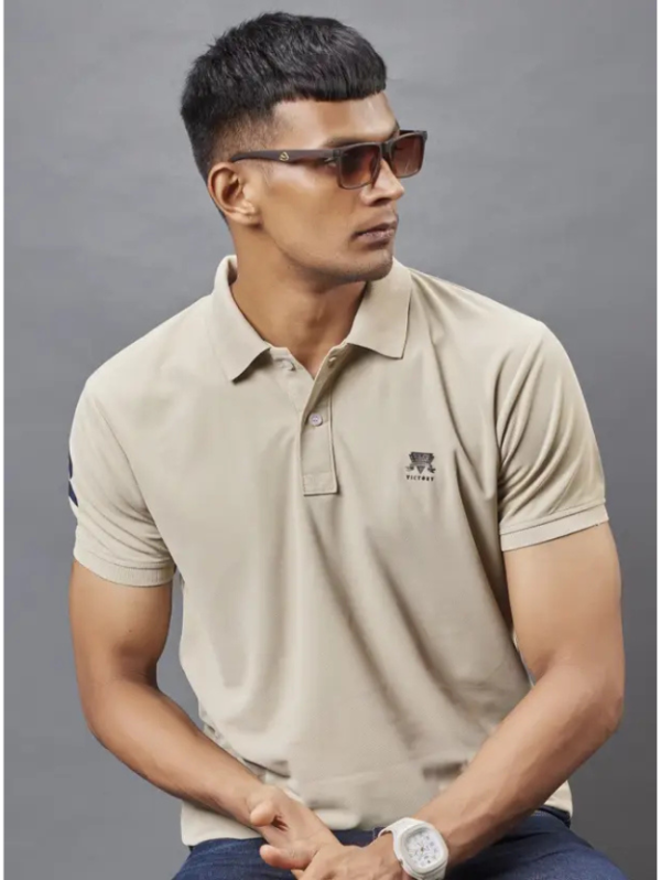 Men Solid Polo Neck Polyester Beige T-Shirt