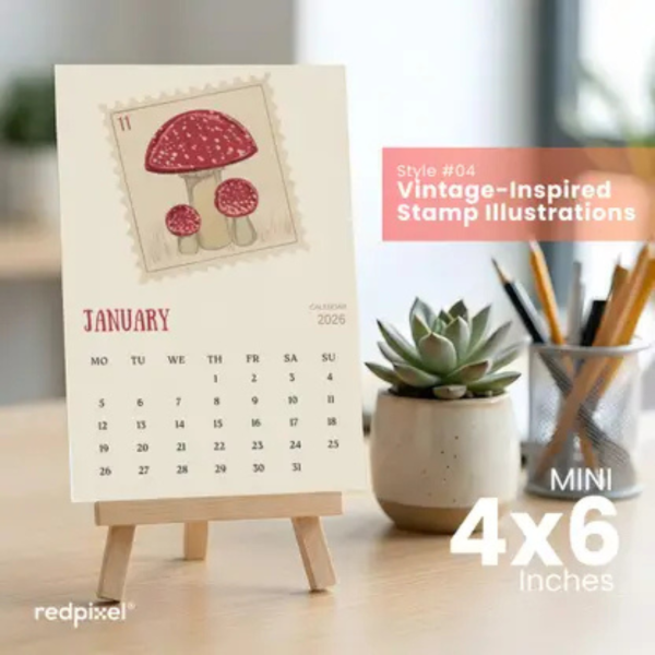 redpixel Vintage-Inspired Stamp Illustration, Desk Calendar, Wooden Easel Stand, Style04 2026 Table Calendar (Printed Sheets, Stand in Natural Wooden Shade, 4×6 inch | 6 Loose Sheets | 300gsm Paper | Home or Office Use)
