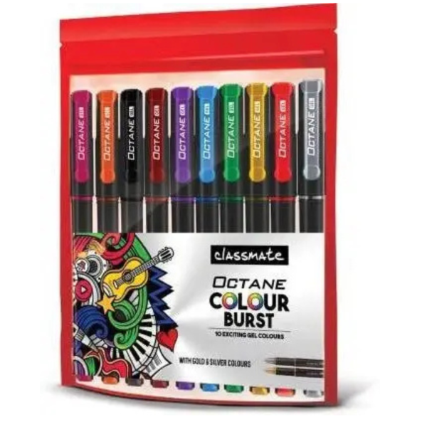 Classmate OCTANE COLOUR BURST GEL PEN | 10 MULTI COLOUR | Gel Pen (Pack of 10)