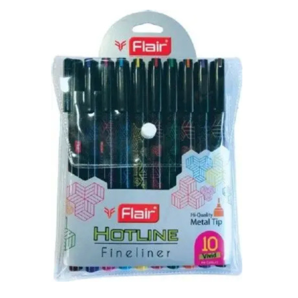 FLAIR Hotline 0.7 to 1 mm Metal Tip Fine Liner | 10 Vivid Colors , Comfortable Grip Fineliner Pen (Pack of 10, Ink Color - Multicolor)