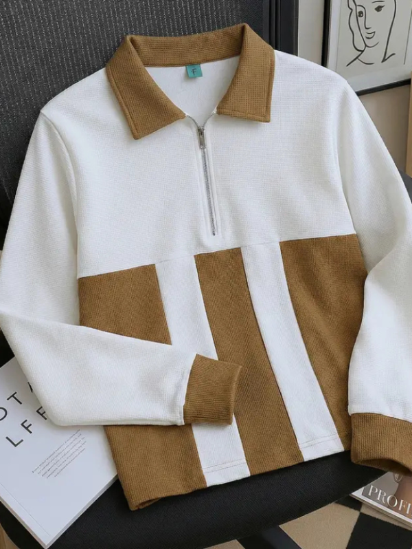 Men Striped, Printed Zip Neck Cotton Blend Beige, White T-Shirt
