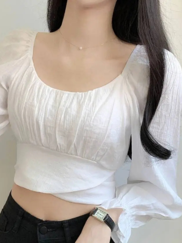 Casual Puff Sleeves Solid Women White, Black Top