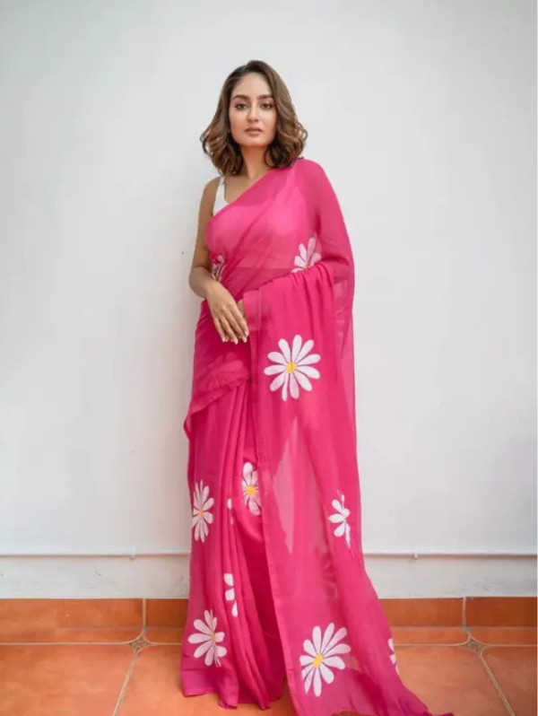 Floral Print Handloom Pure Cotton Saree (Pink)