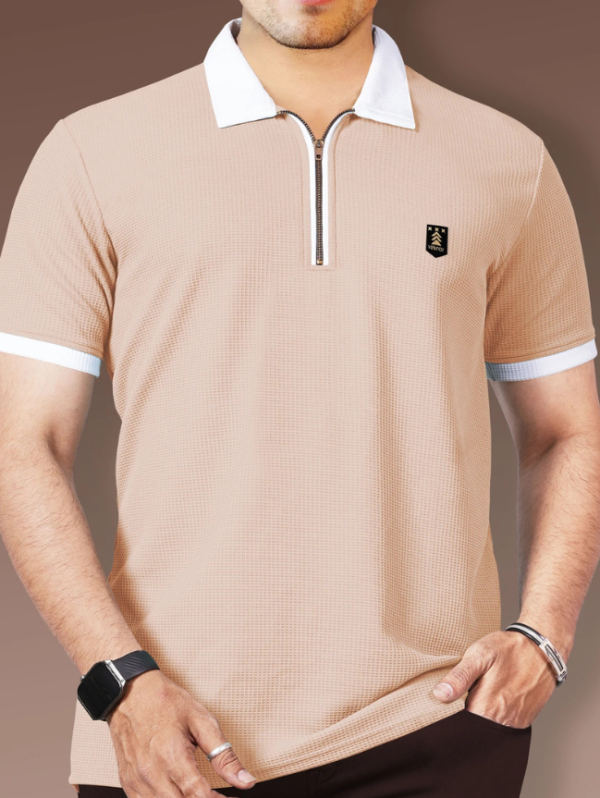 Men Solid Polo Neck Polyester Beige T-Shirt