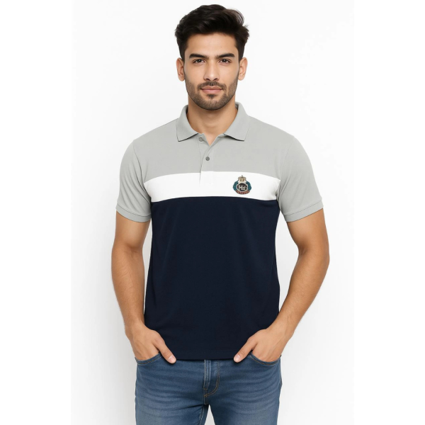 Men Self Design Polo Neck Cotton Blend Grey T-Shirt